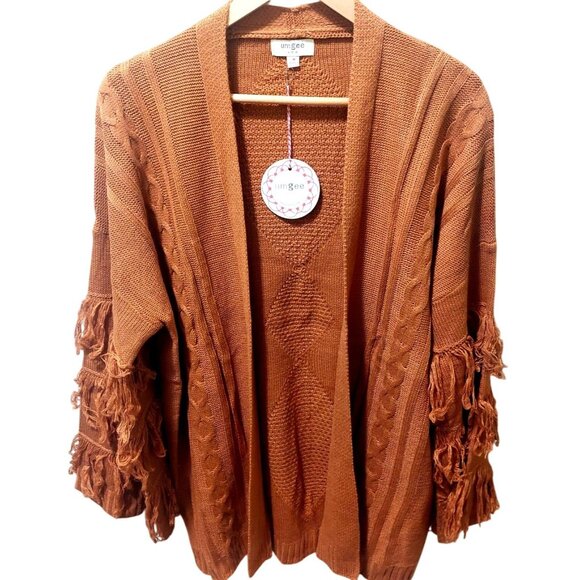 NWT Umgee Womens Camel Fringe Open Front Cardigan Sweater~Boho~MEDIUM - Picture 6 of 10